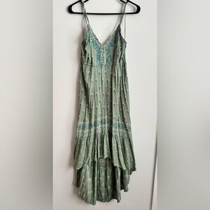 Angie Sage Green Boho Maxi Dress | Flowy Festival Cottagecore Beach Dress Size M
